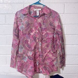 Jones New York Sport Tie Dye Paisley Intricate Print Lightweight Button Up Shirt